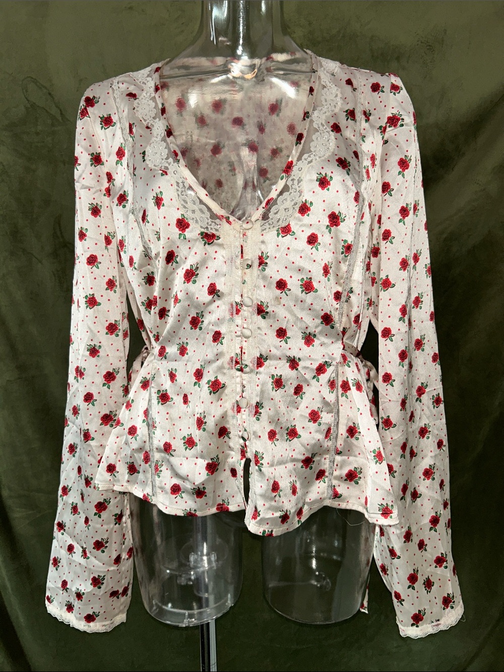 Free People White Blouse with Red Rose Print